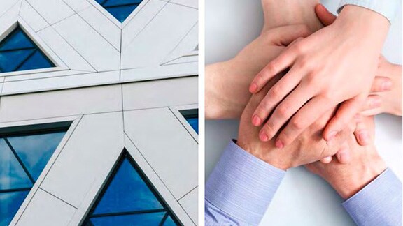 Collage of images of the exterior of a building and a stack of hands