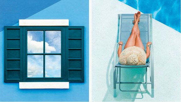 Collage of graphic illustration of an open window and a woman sunbathing by the poolside